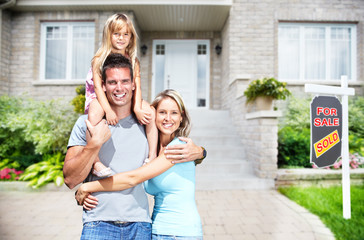 Poster - Happy family near new house.