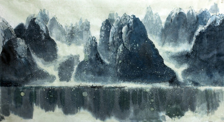 Chinese mountain lake and boat