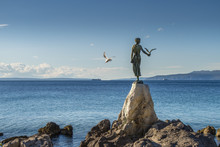 Maiden Girl With Seagull, Statue On Rocks, Opatija, Croatia