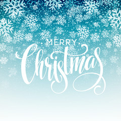 Wall Mural - Merry christmas handwritten text on background with snowflakes. Vector illustration