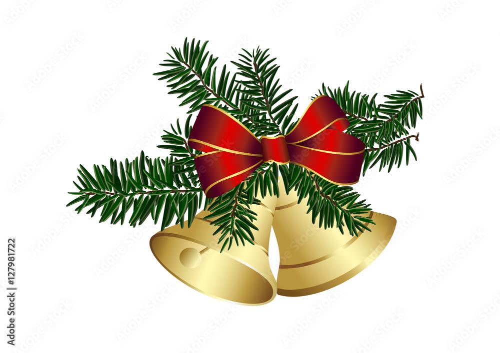 Schleife, Weihnachtsglocken und Tannenzweig Stock Vector