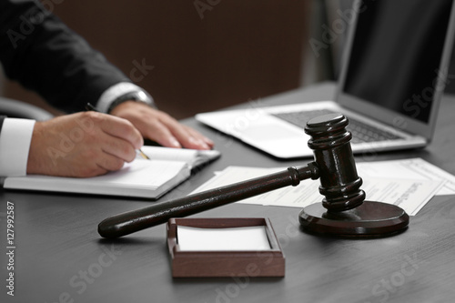 Fototapeta na wymiar Judge gavel on table, closeup
