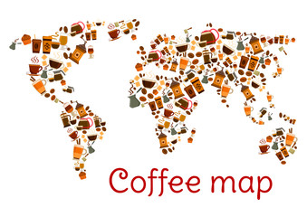 Wall Mural - Coffee world map poster with cup and dessert