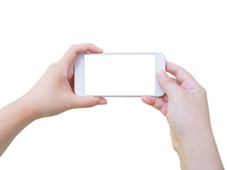 Hand holding smart phone taking photo isolated on white backgrou