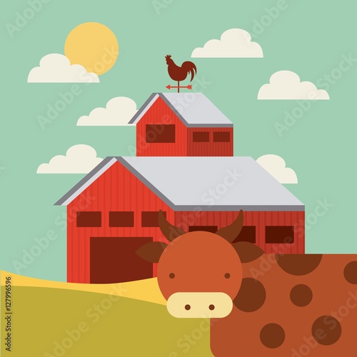 Cartoon Cow And Red Barn On Farm Landscape Colorful Design