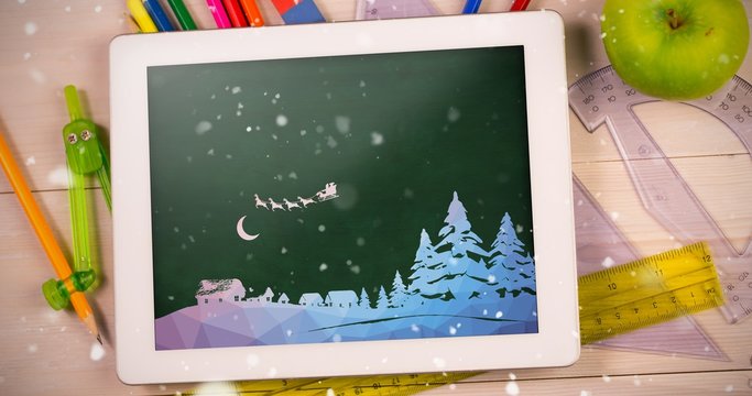 Composite image of graphic santa flying with sleigh