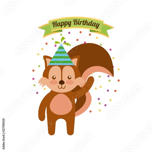 happy birthday card with cute chipmunk. colorful design. vector