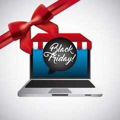 Poster - laptop computer device with red ribbon decoration over white background. black friday concept. colorful design. vector illustration