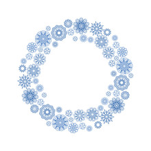 Cute Blue Line Round Frame With Flowers Mehendi Style. Vector Illustration
