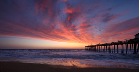 Panoramic of Kitty Hawk Pier House at sunrise in the Outer Banks