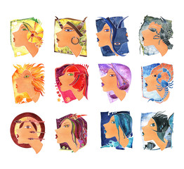 Wall Mural - Zodiac signs faces, 12 women faces as signs of the zodiacal circle on a white background