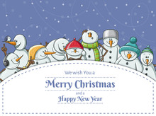 Christmas Greeting Card Frame With Snowman Character Illustrations