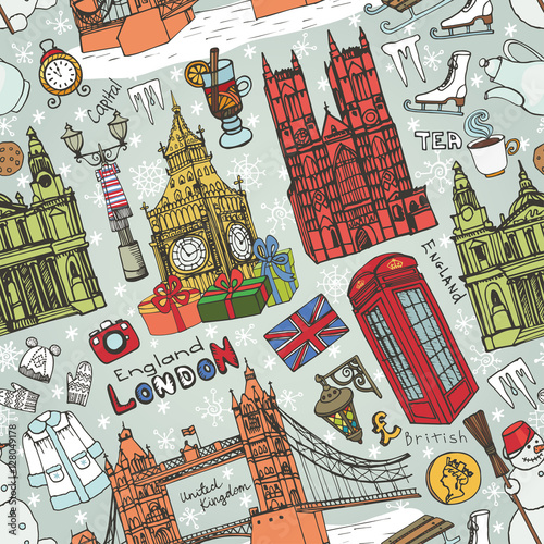 Dekoracja na wymiar  londyn-zima-zabytki-wzor-kolorowe-doodles