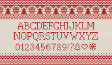 Christmas Font. Knitted Latin Alphabet On Seamless Knitted Pattern With Snowflakes And Fir. Nordic Fair Isle Knitting, Winter Holiday Sweater Design. Vector Illustration.