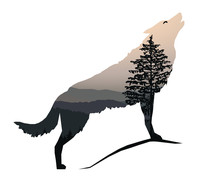 Silhouette Of Howling Wolf With  Mountains Landscape. Gray Tones.