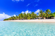 Beach on a tropical island with clear blue water. Dravuni Island, Fiji.