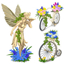 Vintage Statue Fairies And Bikes With Flowers