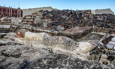 Sticker - Serpent Sculpture in Aztec Temple (Templo Mayor) at ruins of Tenochtitlan - Mexico City, Mexico