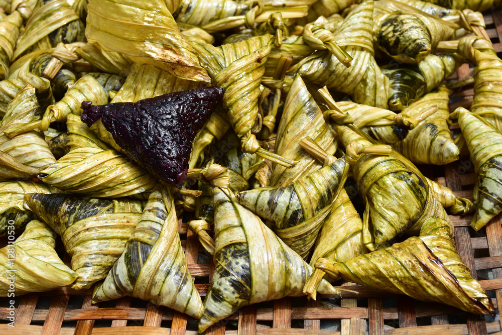 Black sticky rice triangles, local food in Thailand Festival, take it ...