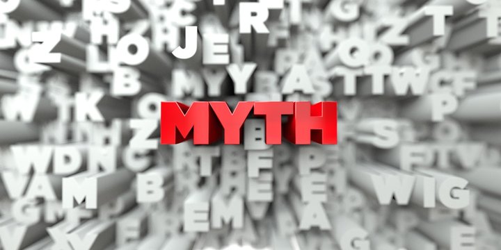 MYTH -  Red text on typography background - 3D rendered royalty free stock image. This image can be used for an online website banner ad or a print postcard.