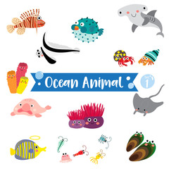 Wall Mural - Ocean Animal cartoon on white background. Blowfish. Hammerhead Shark. Hermit Crab. Sponge. Lionfish. Jackknife Fish. Blobfish. Angelfish. Manta Ray. Mussel. Zooplankton.  Vector illustration. Set 1.