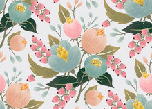 Vector Illustration Of A Seamless Floral Pattern With Spring Flowers. Lovely Floral Background In Sweet Colors