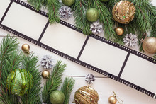 Christmas Background With Frame In The Form Of A Film, Fir Branc