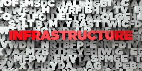 Poster - INFRASTRUCTURE -  Red text on typography background - 3D rendered royalty free stock image. This image can be used for an online website banner ad or a print postcard.
