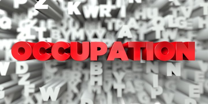 OCCUPATION -  Red text on typography background - 3D rendered royalty free stock image. This image can be used for an online website banner ad or a print postcard.