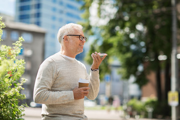 Poster - old man using voice command recorder on smartphone