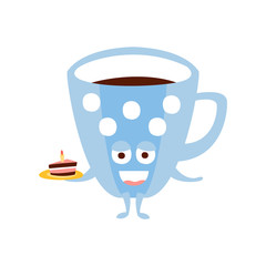 Poster - Blue Coffee Cup With Piece Of Cake Children Birthday Party Attribute Cartoon Happy Humanized Character In Girly Colors