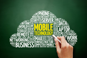 Poster - mobile technology word cloud collage, technology concept on blackboard