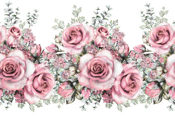 isolated Seamless pattern border with pink flowers, leaves, vintage watercolor floral pattern with leaf and rose, herbs, pastel color, seamless floral rim, seamless band for cards, wedding or fabric.