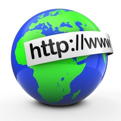 3d illustration of world globe over white  with internet address text on white banner