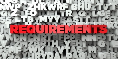 Poster - REQUIREMENTS -  Red text on typography background - 3D rendered royalty free stock image. This image can be used for an online website banner ad or a print postcard.