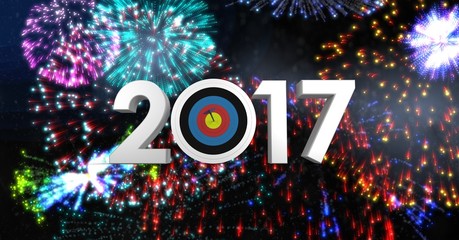 Poster - Darts target as 2017 against composite image of fireworks