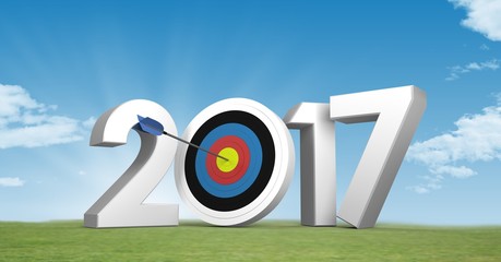 Poster - Darts target as 2017 against a composite image 3D of grassland a
