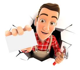 3d handyman coming out through a wall with company card