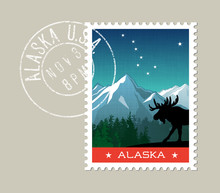 Alaska Postage Stamp Design. Detailed Vector Illustration Of Scenic Mountain Landscape With Grunge Postmark On Separate Layer