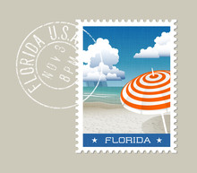 Florida Postage Stamp Design. Detailed Vector Illustration Of Scenic Beach. Grunge Postmark On Separate Layer