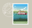 Mississippi postage stamp design. Vector illustration of steamship paddle boat on the river. Grunge postmark on separate layer
