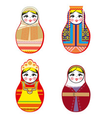 Nested dolls set. Matryoshka dolls with different traditional Russian ornaments. Isolated vector illustration. Eps 10