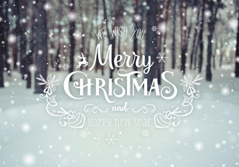 Wall Mural - Frosty winter landscape in snowy forest. Xmas background with fir trees and blurred background of winter with text Merry Christmas and Happy New Year