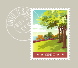 Wall Mural - Ohio postage stamp design. 
Vector illustration of park overlooking lake erie. Grunge postmark on separate layer