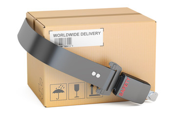 Poster - safety delivery concept, safety belt with cardboard box parcel.
