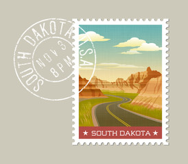 Wall Mural - South Dakota, postage stamp design. 
Vector illustration of scenic Badlands. Grunge postmark on separate layer