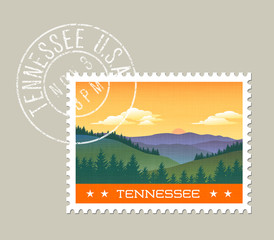 Wall Mural - Tennessee postage stamp design. 
Vector illustration of smoky mountains.  Grunge postmark on separate layer