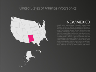Canvas Print - United States of America, aka USA or US, map infographics template. 3D perspective dark theme with pink highlighted New Mexico, state name and text area on the left side.