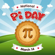 Pi Day, March 14, to celebrate the mathematical constant pi and to eat lots of fresh baked sweet pie, international holiday, red polka dot text, blue sky and clouds background. EPS8 compatible.