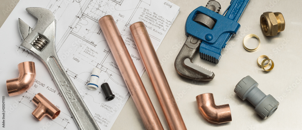 Photo Art Print Plumbers Tools And Plumbing Materials Banner On